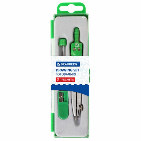 Готовальня BRAUBERG "Klasse", 3 предмета: циркуль 115 мм, грифель, точилка, пенал с подвесом, 210328, Китай