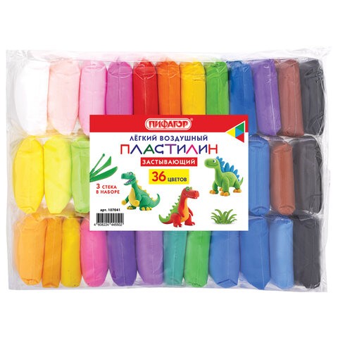 Пластилин супер лЈгкий воздушный застывающий 36 цветов, 310 г, 3 стека, ПИФАГОР, 107041, Китай